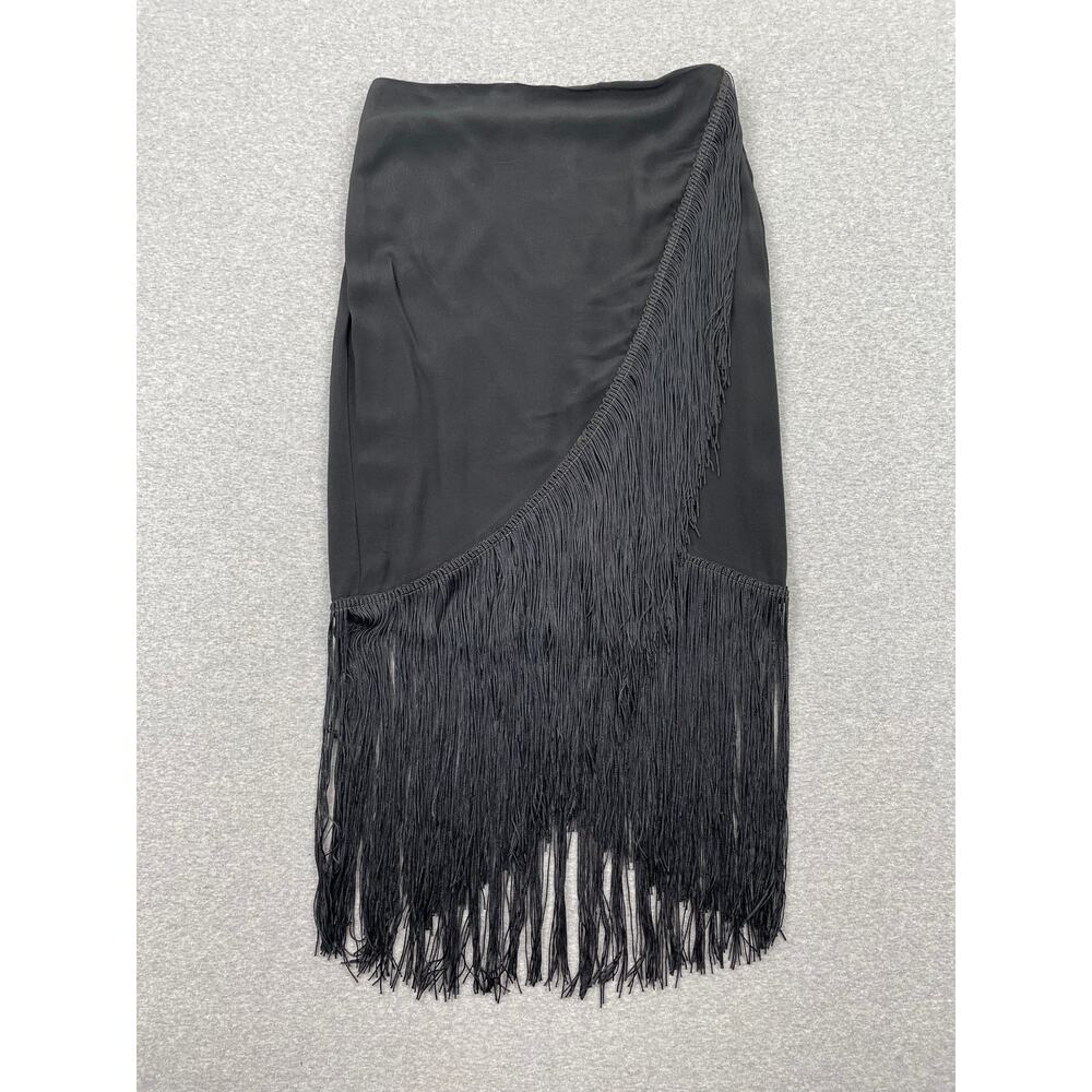 Lulus Fringed Midi Skirt Size S Black Faux Wrap Get You Dancing High Waist Glam